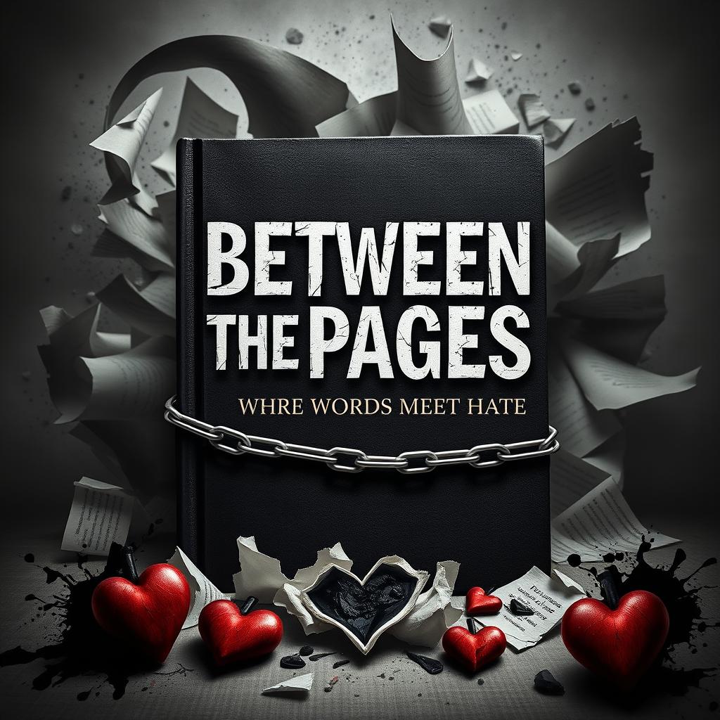 A powerful and evocative book cover design for the story titled 'Between the Pages: Where Words Meet Hate