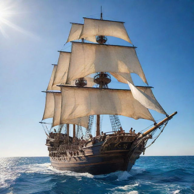 A majestic pirate ship, sails fully hoisted, cutting through the sapphire ocean waves under a sunlit sky