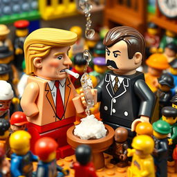 A surreal and humorous depiction of caricatures resembling a Donald Trump-like character and a caricature of Adolf Hitler, both constructed from colorful Lego bricks