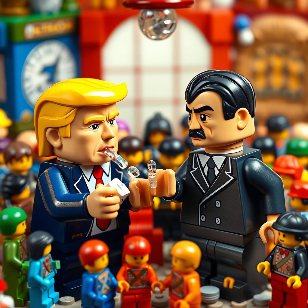 A surreal and humorous depiction of caricatures resembling a Donald Trump-like character and a caricature of Adolf Hitler, both constructed from colorful Lego bricks