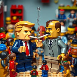 A surreal and humorous depiction of caricatures resembling a Donald Trump-like character and a caricature of Adolf Hitler, both constructed from colorful Lego bricks