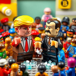 A surreal and humorous depiction of caricatures resembling a Donald Trump-like character and a caricature of Adolf Hitler, both constructed from colorful Lego bricks