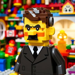 A playful and humorous representation of a character resembling Adolf Hitler, constructed entirely from colorful Lego bricks