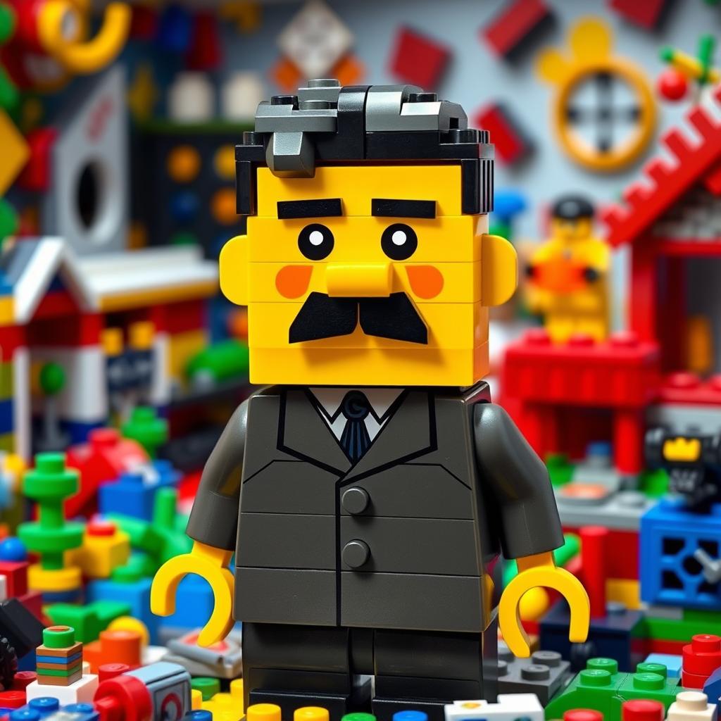 A playful and humorous representation of a character resembling Adolf Hitler, constructed entirely from colorful Lego bricks