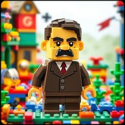 A playful and humorous representation of a character resembling Adolf Hitler, constructed entirely from colorful Lego bricks