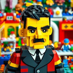 A playful and humorous representation of a character resembling Adolf Hitler, constructed entirely from colorful Lego bricks