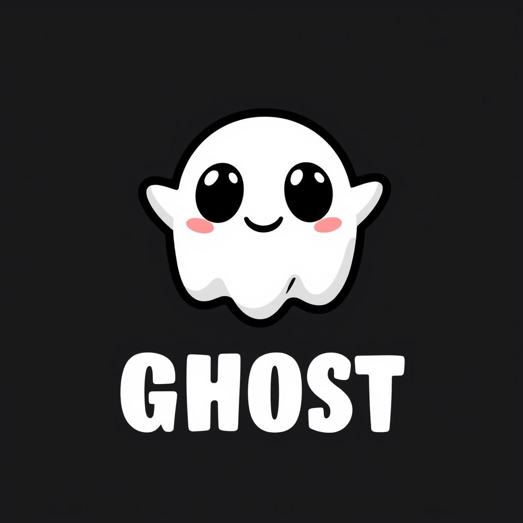 A logo design featuring a stylized ghost with big black eyes