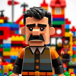 A playful and imaginative representation of a character resembling Adolf Hitler, crafted entirely from colorful Lego bricks