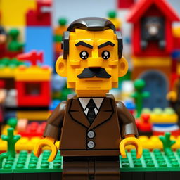 A playful and imaginative representation of a character resembling Adolf Hitler, crafted entirely from colorful Lego bricks