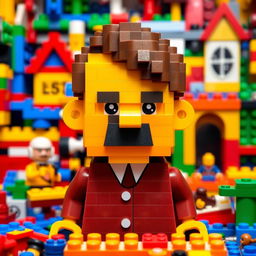 A playful and imaginative representation of a character resembling Adolf Hitler, crafted entirely from colorful Lego bricks