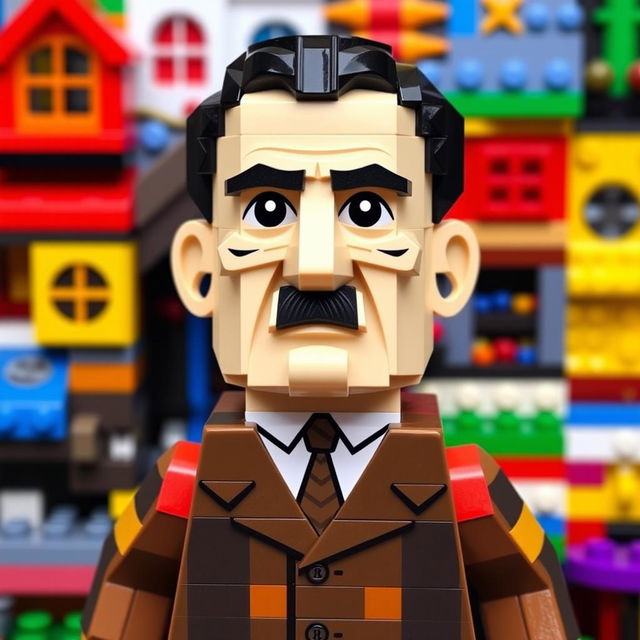 A playful and imaginative representation of a character resembling Adolf Hitler, crafted entirely from colorful Lego bricks