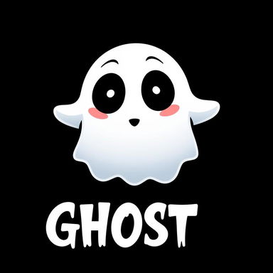 A logo design featuring a stylized ghost with big black eyes