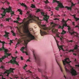 Create an animated, top-down view of a girl nestled amidst a sea of fluttering, vibrant pink flowers, bringing a dreamy atmosphere to life.