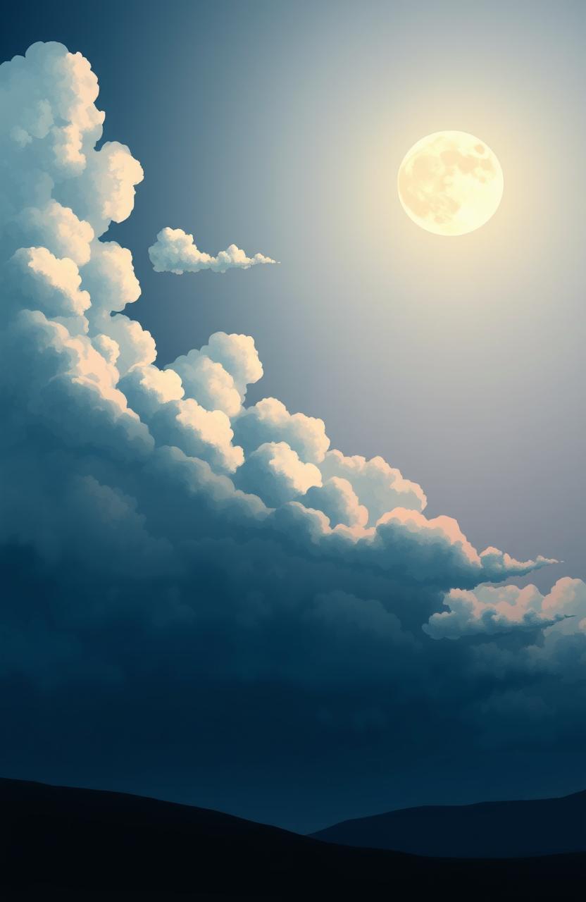 A surreal illustration featuring a dramatic sky divided into two halves: the left side showcasing fluffy, whimsical clouds in various shades of white and blue, while the right side reveals a luminous, full moon that casts a soft, silvery glow