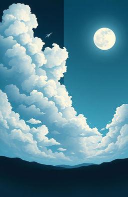 A surreal illustration featuring a dramatic sky divided into two halves: the left side showcasing fluffy, whimsical clouds in various shades of white and blue, while the right side reveals a luminous, full moon that casts a soft, silvery glow