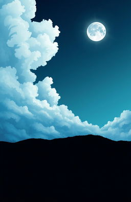 A surreal illustration featuring a dramatic sky divided into two halves: the left side showcasing fluffy, whimsical clouds in various shades of white and blue, while the right side reveals a luminous, full moon that casts a soft, silvery glow