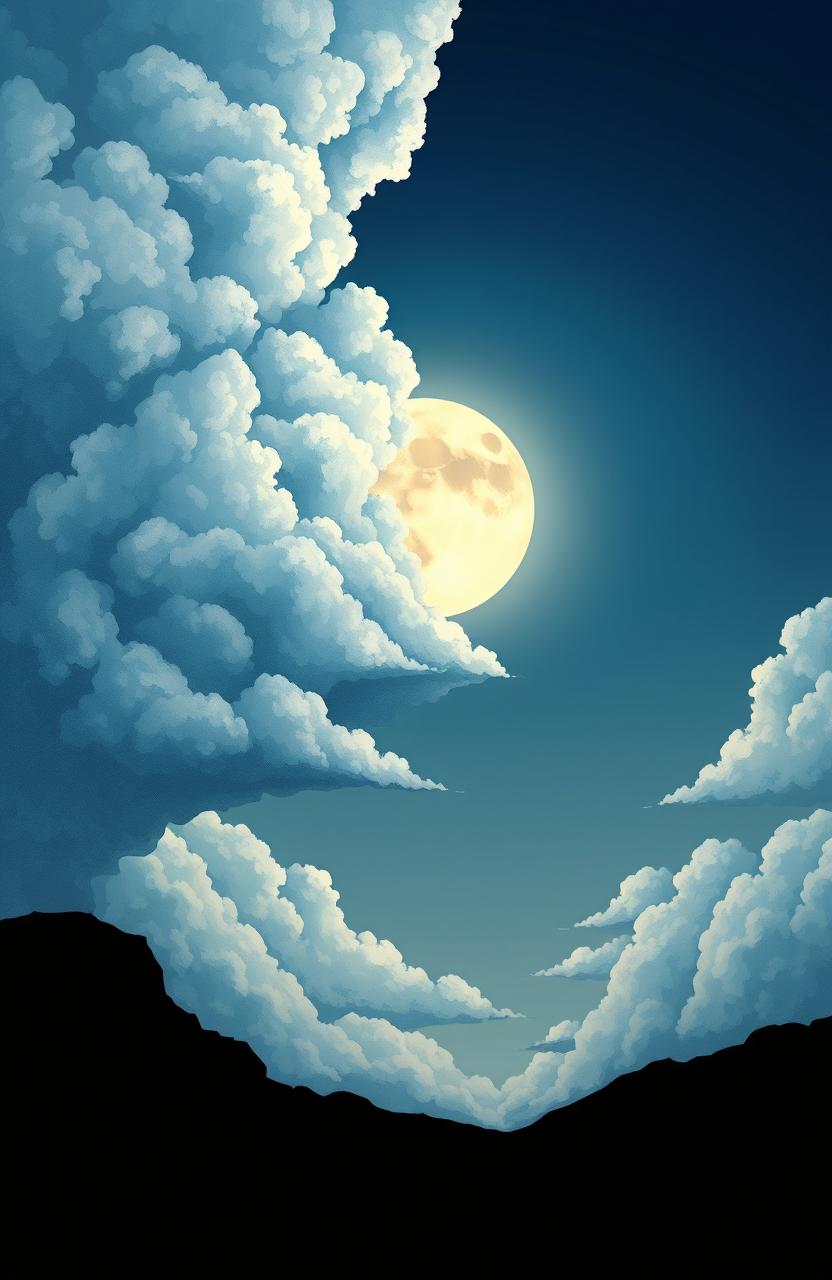 A surreal illustration featuring a dramatic sky divided into two halves: the left side showcasing fluffy, whimsical clouds in various shades of white and blue, while the right side reveals a luminous, full moon that casts a soft, silvery glow