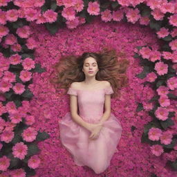 Create an animated, top-down view of a girl nestled amidst a sea of fluttering, vibrant pink flowers, bringing a dreamy atmosphere to life.