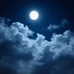 A serene night sky filled with fluffy, soft clouds illuminated by a bright, full moon