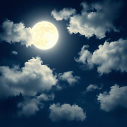 A serene night sky filled with fluffy, soft clouds illuminated by a bright, full moon