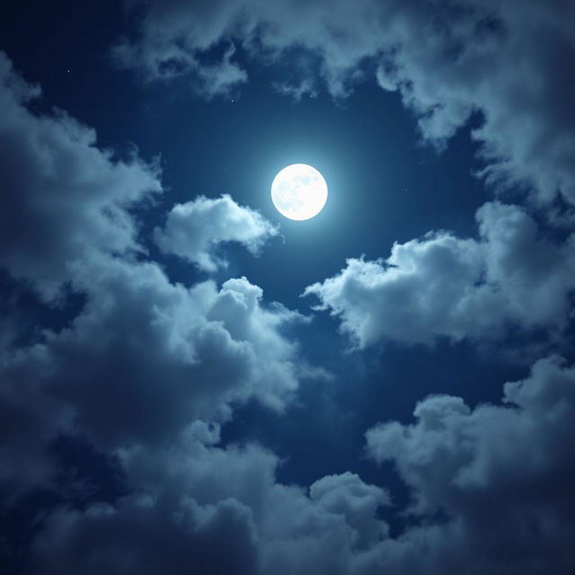 A serene night sky filled with fluffy, soft clouds illuminated by a bright, full moon