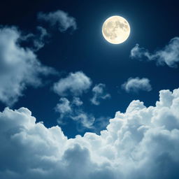 A serene night sky filled with fluffy, soft clouds illuminated by a bright, full moon