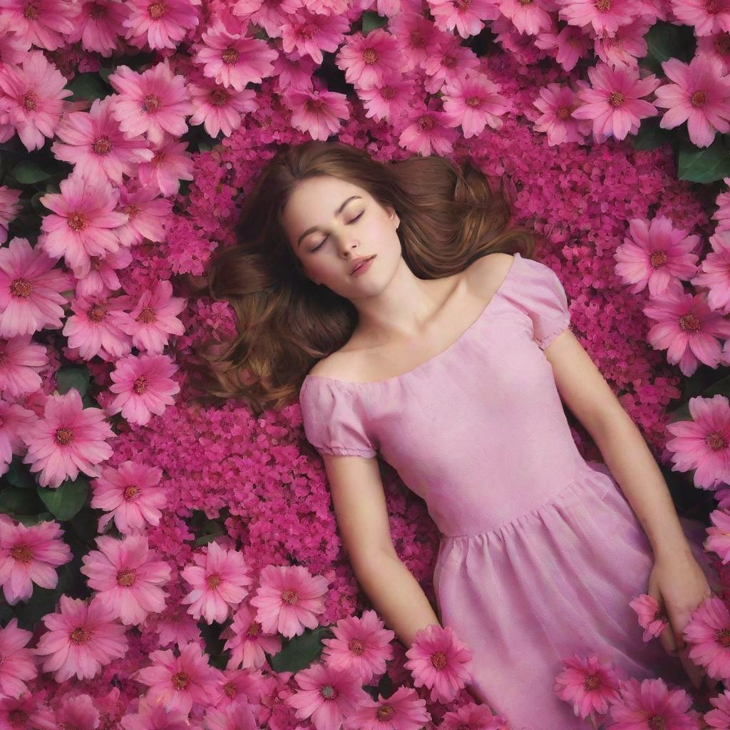 Create an animated, top-down view of a girl nestled amidst a sea of fluttering, vibrant pink flowers, bringing a dreamy atmosphere to life.