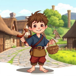 A charming character design of a village boy from the Middle Ages, dressed in a simple yet colorful tunic and trousers, with a leather belt