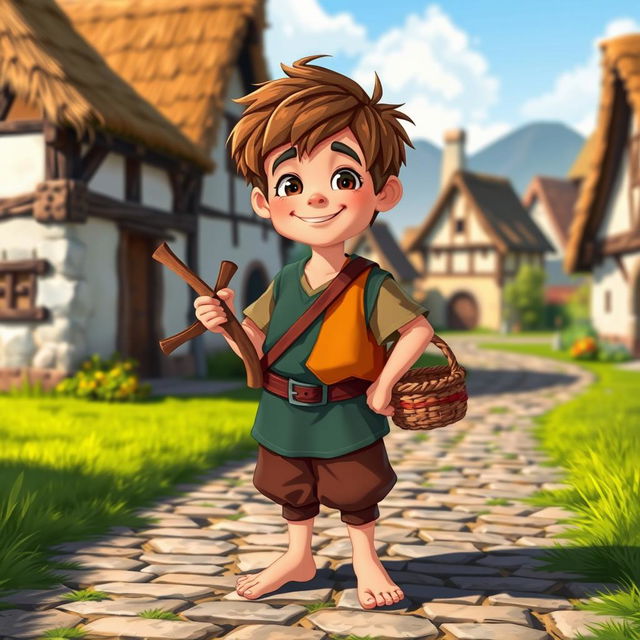 A charming character design of a village boy from the Middle Ages, dressed in a simple yet colorful tunic and trousers, with a leather belt