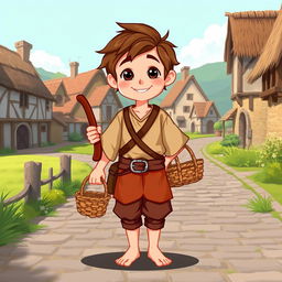 A charming character design of a village boy from the Middle Ages, dressed in a simple yet colorful tunic and trousers, with a leather belt