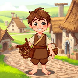 A charming character design of a village boy from the Middle Ages, dressed in a simple yet colorful tunic and trousers, with a leather belt