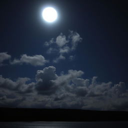 A stunning night sky filled with fluffy clouds illuminated by a bright, full moon casting soft shadows on the landscape below