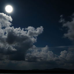 A stunning night sky filled with fluffy clouds illuminated by a bright, full moon casting soft shadows on the landscape below