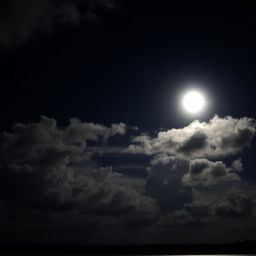 A stunning night sky filled with fluffy clouds illuminated by a bright, full moon casting soft shadows on the landscape below