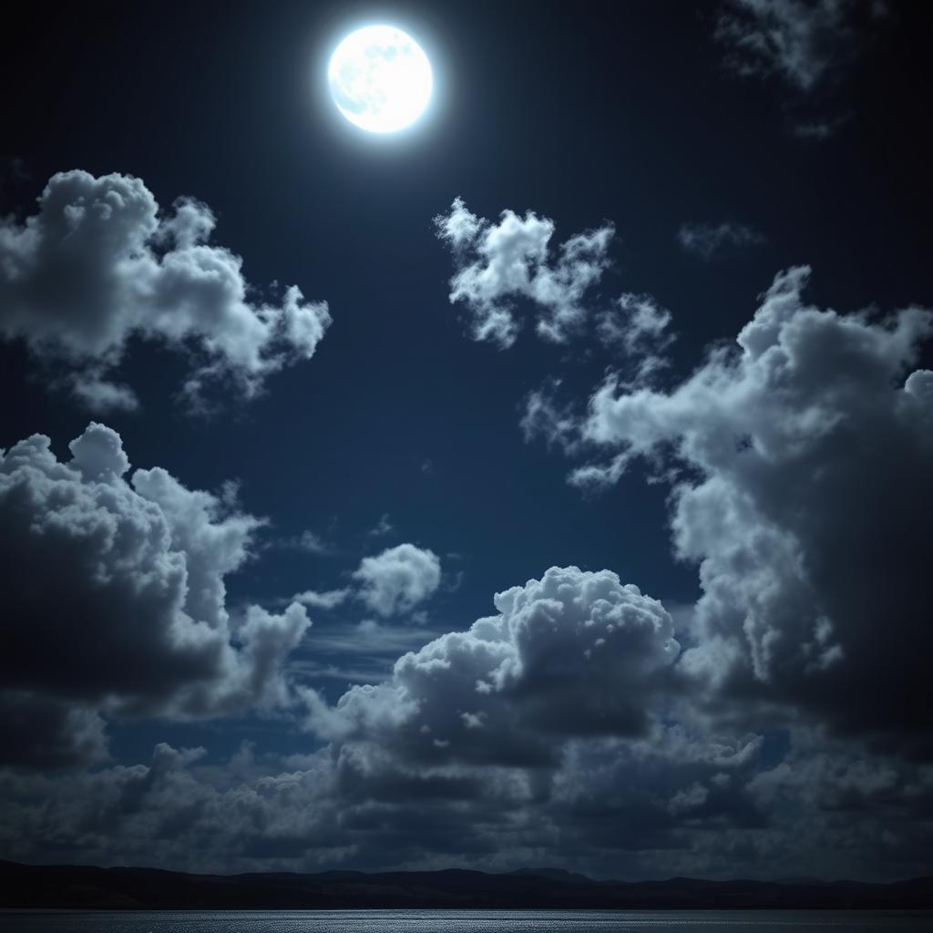 A stunning night sky filled with fluffy clouds illuminated by a bright, full moon casting soft shadows on the landscape below