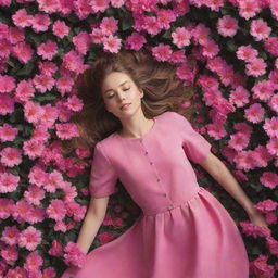 Create an animated, top-down view of a girl nestled amidst a sea of fluttering, vibrant pink flowers, bringing a dreamy atmosphere to life.