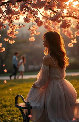 A beautifully melancholic scene depicting unrequited love, featuring a woman sitting alone on a park bench under a cherry blossom tree, with soft pink petals gently falling around her