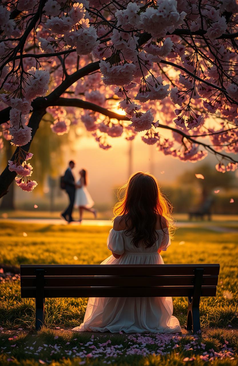 A beautifully melancholic scene depicting unrequited love, featuring a woman sitting alone on a park bench under a cherry blossom tree, with soft pink petals gently falling around her