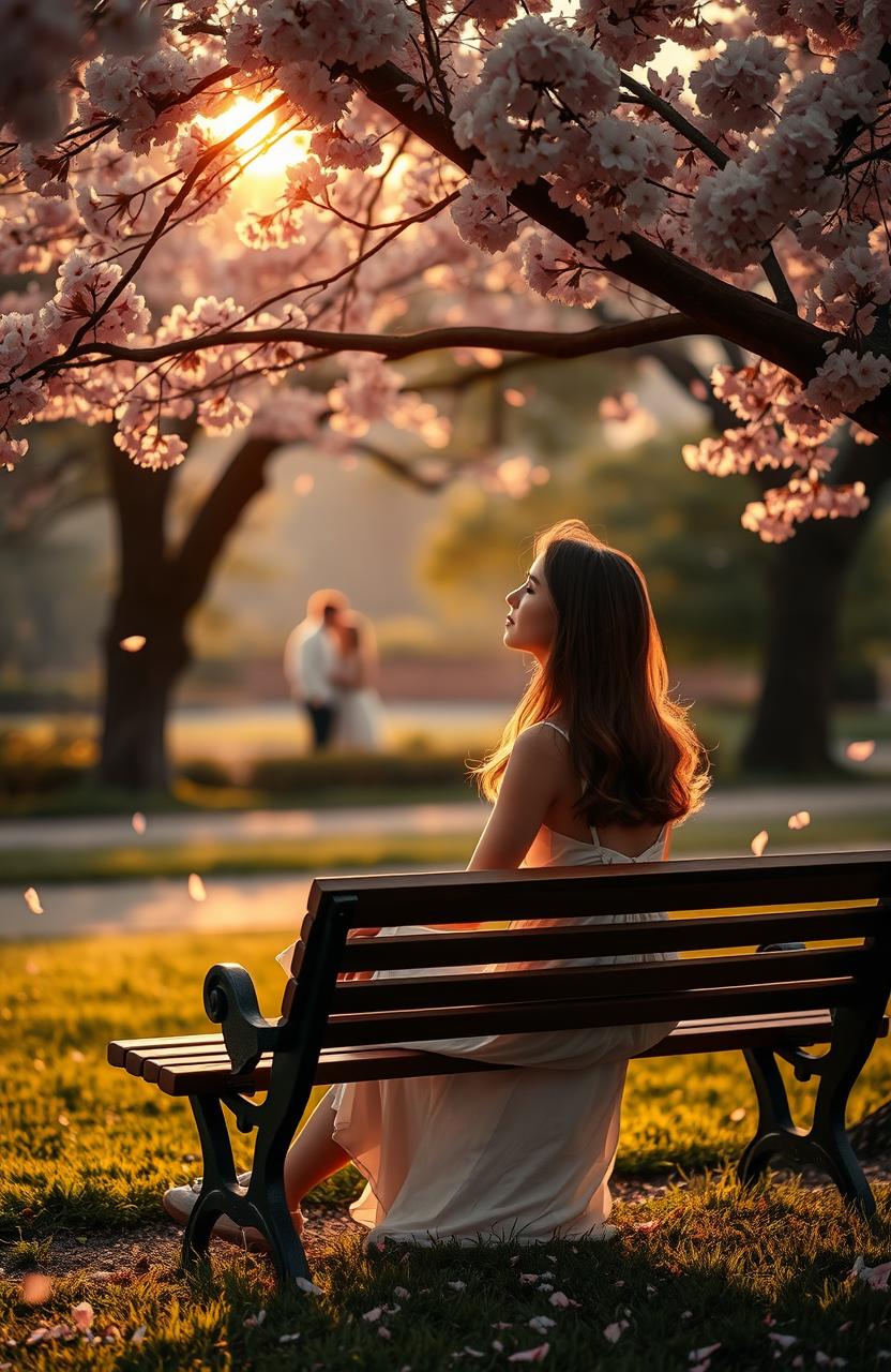 A beautifully melancholic scene depicting unrequited love, featuring a woman sitting alone on a park bench under a cherry blossom tree, with soft pink petals gently falling around her