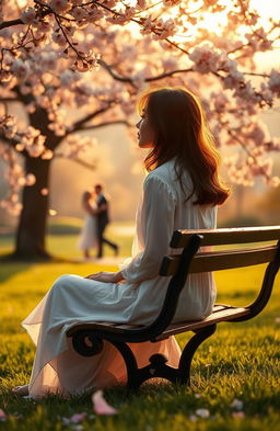 A beautifully melancholic scene depicting unrequited love, featuring a woman sitting alone on a park bench under a cherry blossom tree, with soft pink petals gently falling around her