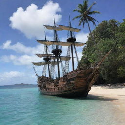 The majestic pirate ship from earlier, now gracefully anchored in the shallow waters of an unexplored tropical island