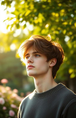 An aesthetic background of a contemplative young man, lost in thought about his unrequited love, set in a serene outdoor environment