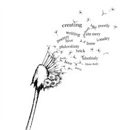 A black and white drawing of a partially blown dandelion, with its seeds transforming into words like 'poetry', 'creative', 'writing', 'love', 'philosophy', and other related words as they disperse in the air