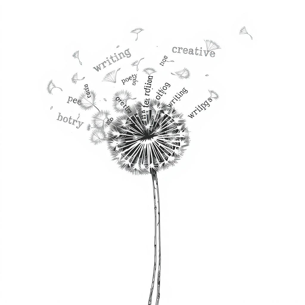 A black and white drawing of a partially blown dandelion, with its seeds transforming into words like 'poetry', 'creative', 'writing', 'love', 'philosophy', and other related words as they disperse in the air