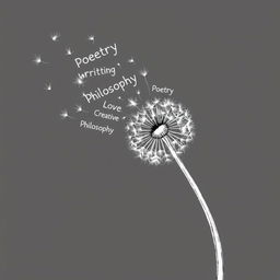 A black and white drawing of a partially blown dandelion, with its seeds transforming into words like 'poetry', 'creative', 'writing', 'love', 'philosophy', and other related words as they disperse in the air