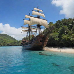 The majestic pirate ship from earlier, now gracefully anchored in the shallow waters of an unexplored tropical island