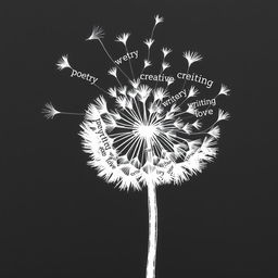 A black and white drawing of a partially blown dandelion, with its seeds transforming into words like 'poetry', 'creative', 'writing', 'love', 'philosophy', and other related words as they disperse in the air