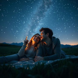 An aesthetic background featuring a couple lying on a blanket under a starlit sky, sharing a moment of wonder as they gaze at the stars together