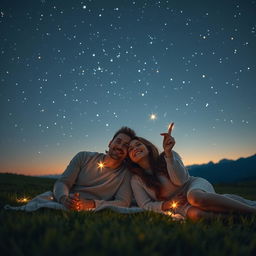 An aesthetic background featuring a couple lying on a blanket under a starlit sky, sharing a moment of wonder as they gaze at the stars together