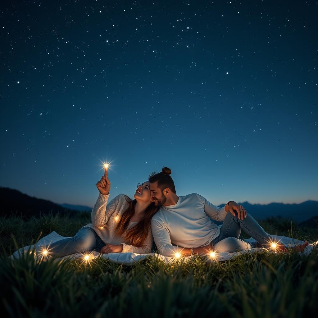 An aesthetic background featuring a couple lying on a blanket under a starlit sky, sharing a moment of wonder as they gaze at the stars together